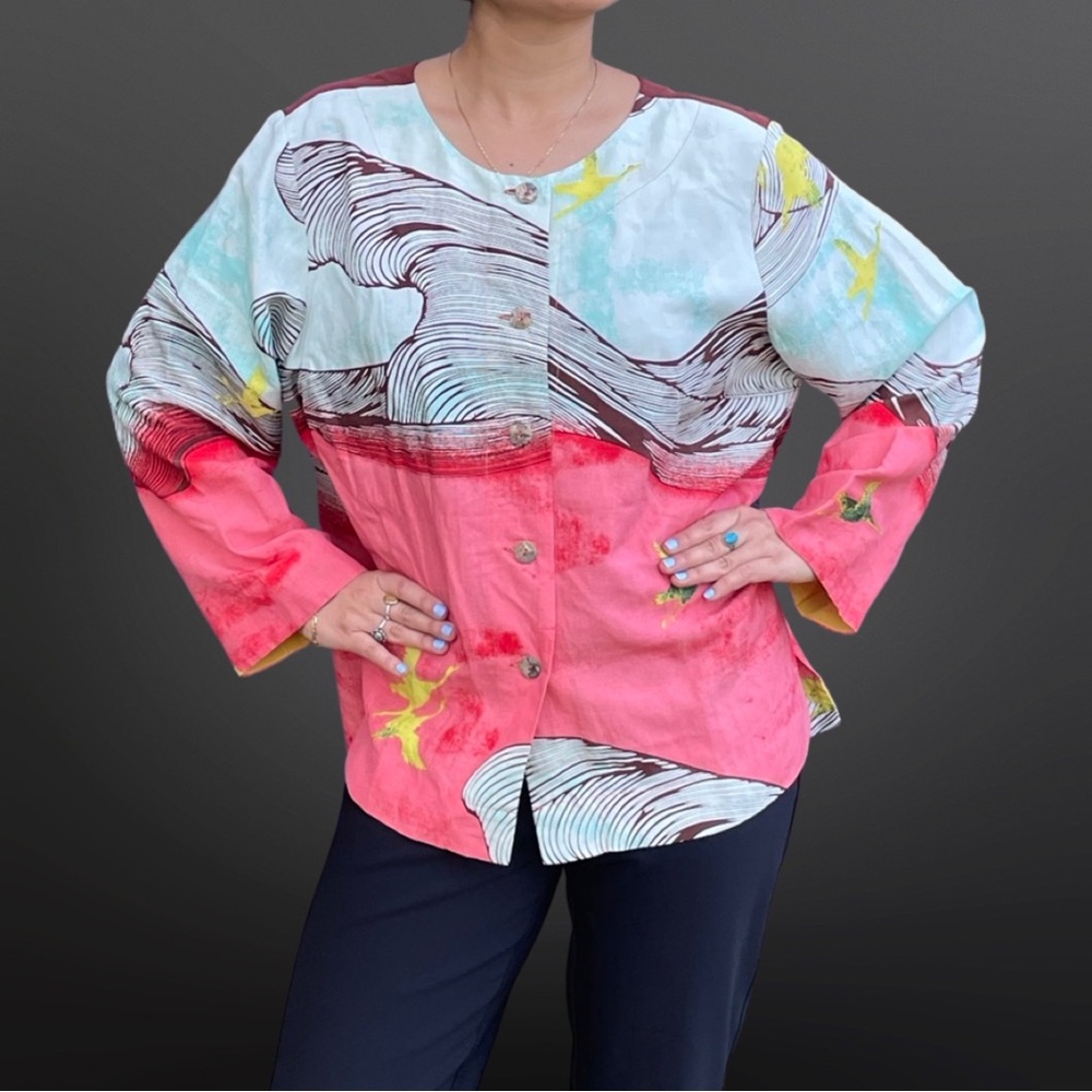 NWT Citron silk & linen blouse with waves & cranes [H3R]